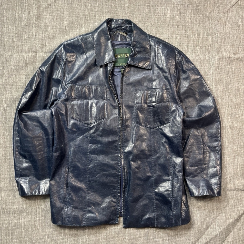 Navy blue danier leather jacket no zipper - S